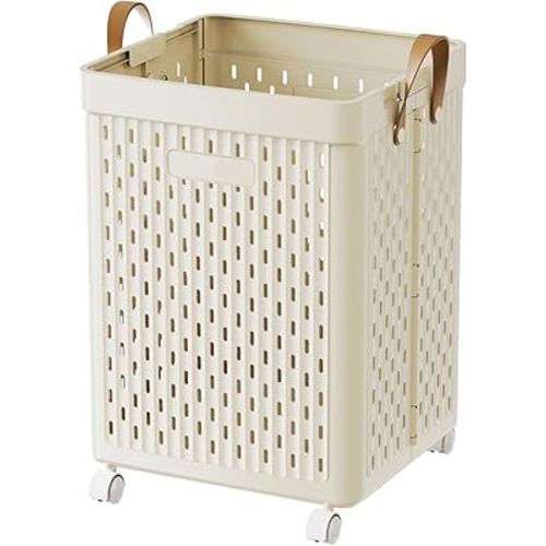 UAK Plastic Laundry Basket with Wheels & Handle, 61L Heavy Duty Foldable Laundry Hamper – Easy Clean Waterproof Rolling Organizer for Bathroom & Laundry Room, Ivory