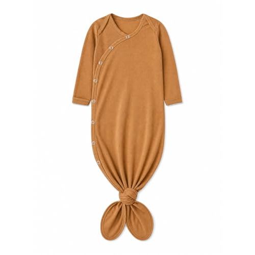 Copper Pearl Baby Gown - Knotted Newborn Sleepers for Baby Boy and Girl, Soft Stretchy Long Sleeve Infant Gowns with Bottom Tie and Hand Mittens, Perfect Hospital Coming Home Outfit (Camel)