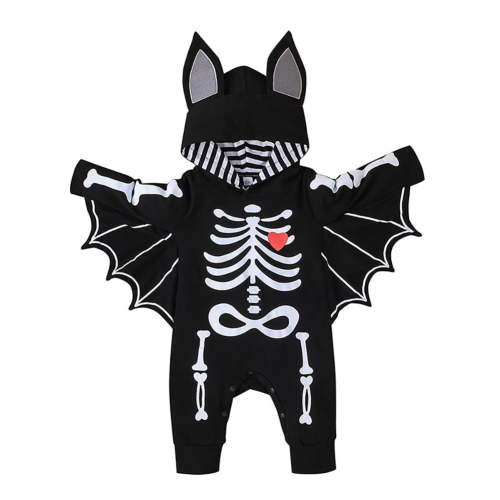 IBTOM CASTLE Newborn Baby Bat Costume Halloween Cosplay Cloak Romper with Wings Ears Hoodie My First Halloween Outfit for Boy Girl 6-12 Months Black Skull