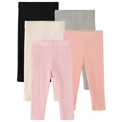 5 Pack Baby Girl Pants Infant Toddler Girl Leggings Ribbed Cotton Pants | Comfortable&Soft&Stretchy Fabric,Newborn Baby Girl Clothes,Spring Fall Basic Playwear,Wide Waistband,Multi-color