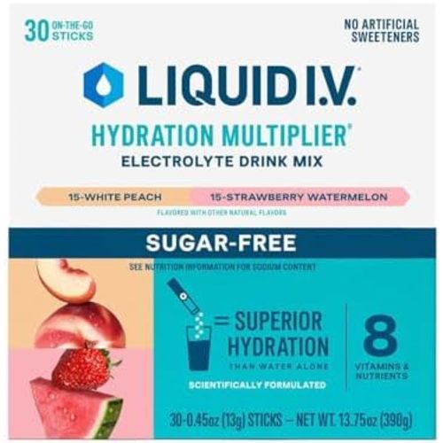 Liquid I.V. Hydration Multiplier Sugar Free Variety Pack, 30 Servings - White Peach and Strawberry Watermelon |Electrolyte Drink Mix | Easy Open Single-Serving Sticks| Non-GMO