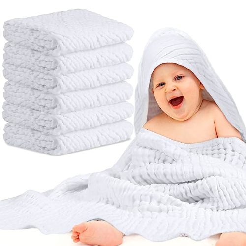 Muslin Cotton Hooded Baby Bath Towel Sets Large 32 x 32 Inch Soft Unisex Bath Towels Bulk for Babies, Toddler, Infant, Newborn, Baby Gifts for Girl Boy (White, 6 Pieces)