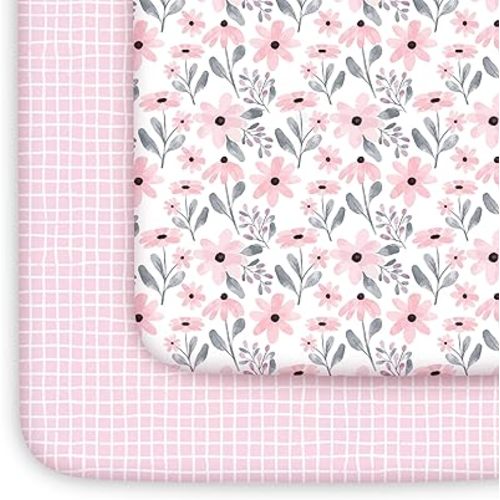 Yoofoss Crib Sheets Girl 2 Pack, 52x28 Fitted Baby Crib Sheet Fits for Standard Crib and Toddler Mattress, Ultra Soft Breathable Microfiber Pink Floral