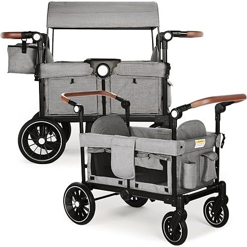 Wagon Stroller for 2 Kids, Foldable Kids Wagon Cart Featuring with Harnesses, Adjustable Double Push Handle, Removable Canopy, Snack Tray, Large Storage Bag, Gray