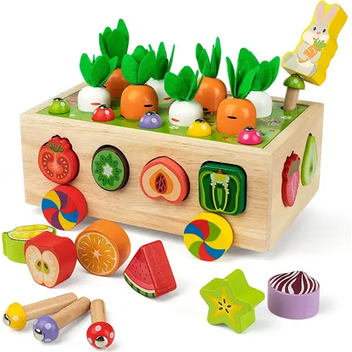 Coogam Montessori Fine Motor Toys for Baby Toddler, Wooden Shape Sorter Carrot Harvest Game for Easter Basket Stuffer, Preschool Learning Educational Gift Toy for 3 4 5 Year Old