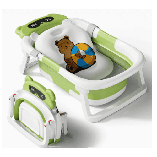 Baby Bathtub, Collapsible Newborn Bathtub for Infant to Toddler with Soft Cushion and Thermometer, Portable Travel Newborn Tub with No-Slip Feet, The Perfect Baby Shower Gift—Green