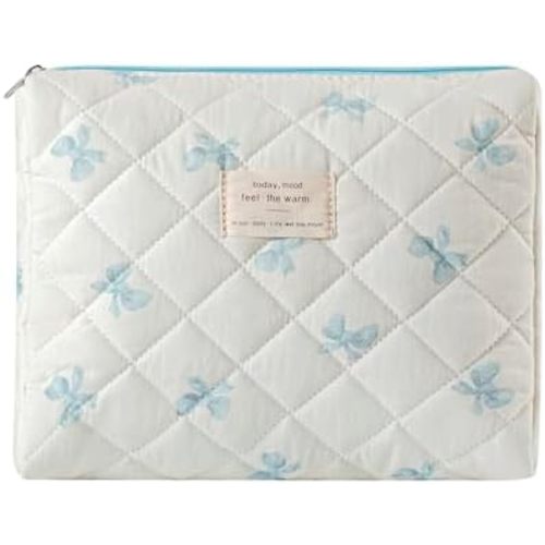 uekeboag Quilted Cotton Makeup Bag,Coquette Quilted Toiletry Bag for Women and Girls,Floral Coquette Pouch,Cute Kawaii Travel Cosmetic Bags(Little Blue Bow)