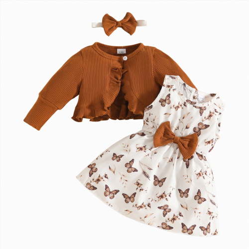 CAICJ98 Baby Girl Dress 3PCS Set Headband Long Sleeved Cardigan Sleeveless Dress Set Toddler Baby Girls Fall Winter Clothes Brown,Size 9-12 Months