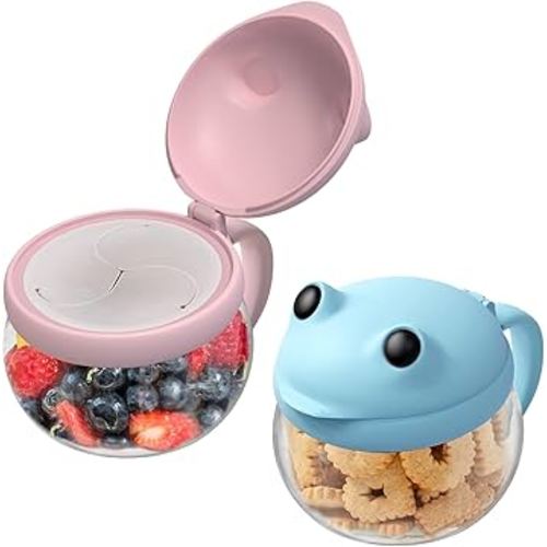BeneLabel 2 Pack 12.3 Oz Snack Cups for Toddlers Spill Proof Food Grade Tritan Baby Snack Container with Cute Frog Lid and Handle PVC Free Kids Snack Catcher Fit for On-the-Go (Pink & Blue)