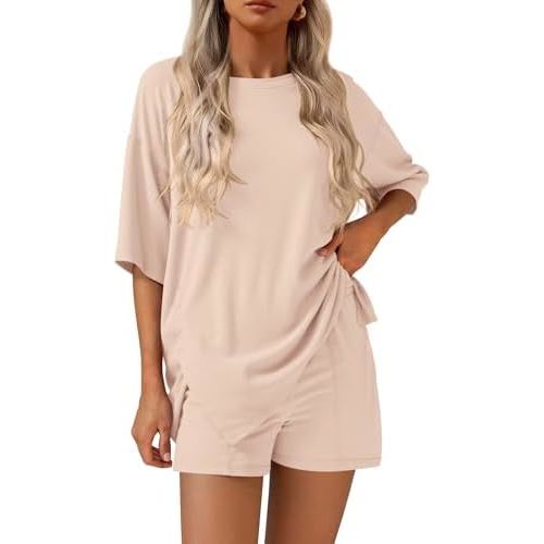 KIRUNDO 2 Piece Sets for Women Summer Lounge Sets Casual Oversized Tshirts Shorts Matching Airport Travel Outfit Postpartum