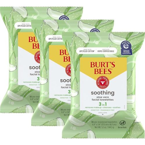 Burt’s Bees Soothing, Fragrance Free Facial Towelettes for Sensitive Skin, Aloe Vera, 100% Plant Based Cloths; 99% Natural Origin; Removes Makeup, Dirt and Oil; No Rinsing; 30 Ct, Pack of 3