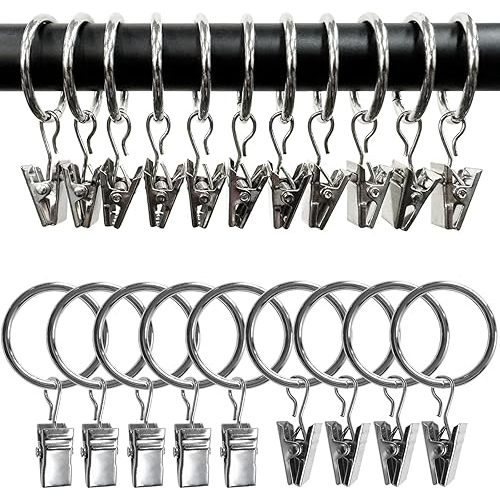 100 Pack Metal Curtain Rings with Clips, Drapery Clips with Rings, Drapes Rings 1 in I D, Fits Diameter 6/8 in Curtain Rod, Silver