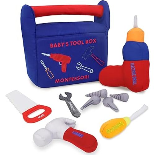 My First Tool Box Baby, 10-Piece Soft Plush Sensory Baby Tool Playset, with Electric Drill, Saw, Wrench, Hammer, Screwdriver and Screws for Early Montessori Education and Boy & Girl Toy Gift (Blue)