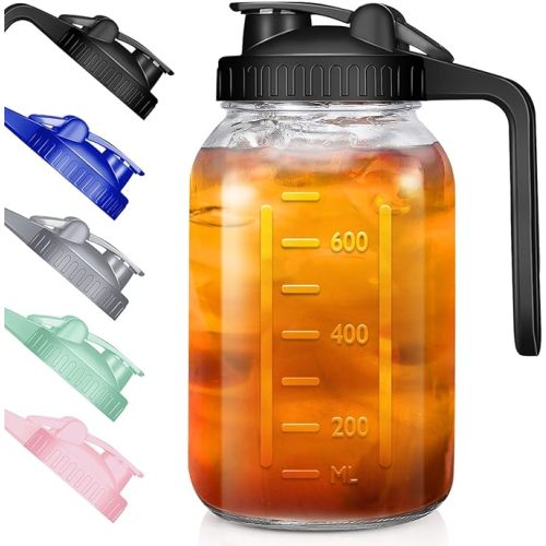 Wide Mouth Mason Jars 32 oz with Pour Spout Lids, SNGKMSYG 1 Quart Glass Pitcher with Lid, Double Leak Proof Breast Milk Pitcher for Fridge, Coffee, Water, Iced Tea (Black, 32oz, 1 Pack)
