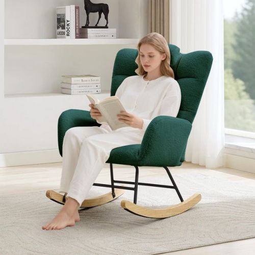 Nursery Rocking Chair, Teddy Upholstered Glider Rocking Chair with High Backrest, Armchair Reading Chair for Bedroom, Living Room, Without Ottoman