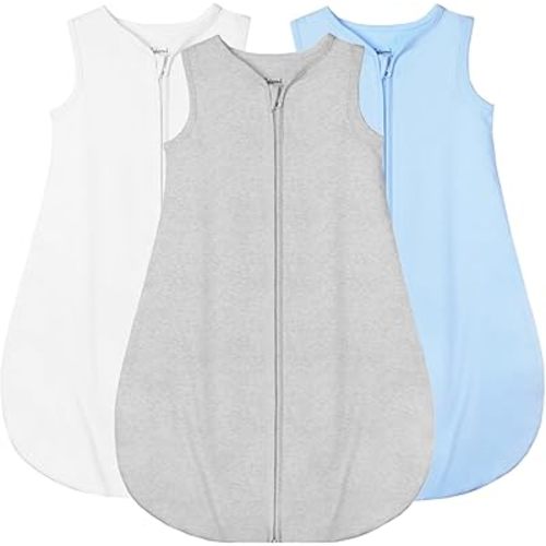 3-Pack Baby Sleep Sack 0-6 Months - 100% Organic Cotton 0.5TOG, 2-Way Zipper Wearable Blanket For Infant, Breathable Soft Lightweight Sleeping Bag, Sleeveless Baby Swaddle Blanket S Size