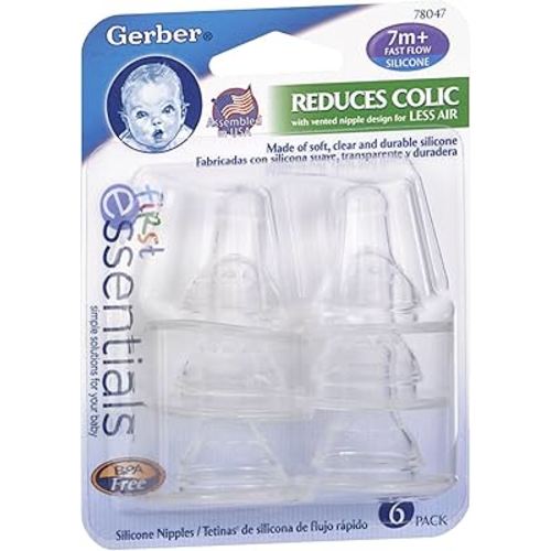 Gerber First Essential Silicone Nipples, Fast Flow, 6 Count (Pack of 1)