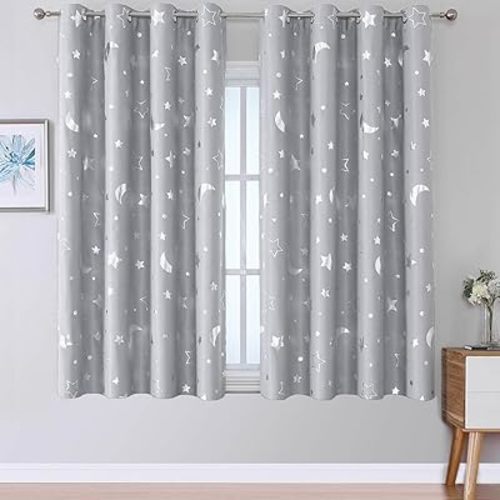 WUBODTI Grey 100% Blackout Star Curtains for Kids Room 45 Inches Long 2 Panel Sets, Silver Star and Moon Patterned Nusery Curtains Grommet Thermal Insulated Short Drapes for Boys Bedroom Kitchen