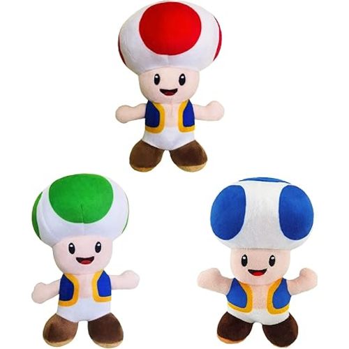 YoCosii 3PCS Mushroom Toad Plush Standing Position, 3 Color Cuddly Cartoon Game Stuffed Toy Doll 8'', 3pack-red/Blue/Green