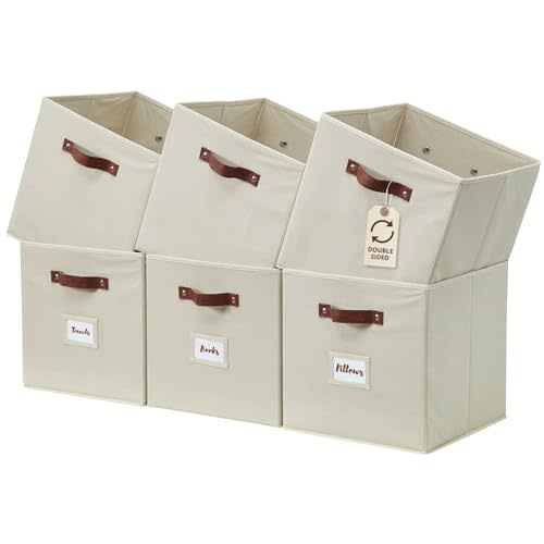DECOMOMO Storage Bins, Cube Storage Bin with Labels | 13" x 13" x 13" Fabric Storage Cubes for Shelves (6pcs, Beige)