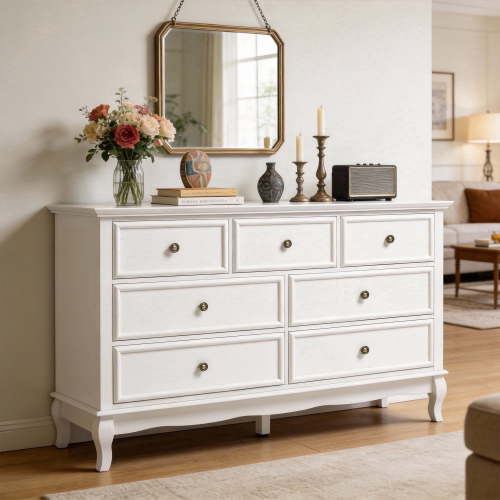 May in Color 7 Drawer Dresser, White Wide Chest of Drawers with Solid Wood Legs, Modern Vintage Storage Dresser Cabinet for Bedroom Living Room Hallway