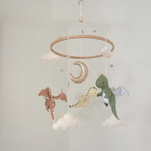 Dragon Baby Mobile | Felt Dragon Nursery Decor | Moon and Cloud Baby Crib Mobile | Fantasy Nursery Theme | Handmade Baby Shower Gift