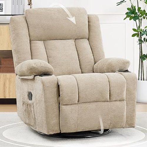 Swivel Rocker Recliner for Adults, Manual Lazy Boy Recliner Chair with Cup Holders, 360 Degree Rotating Nursery Rocking Chair, Glider Recliner for Living Room (Brown)
