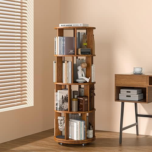 4-Tier Solid Wood Rotating Bookshelf on Wheels, 360° Spinning Book Shelf Tower, Round Revolving Bookcase Organizer, Rolling Bookshelves for Small Spaces, Corner, Bedroom, Kids Room, Office, Walnut