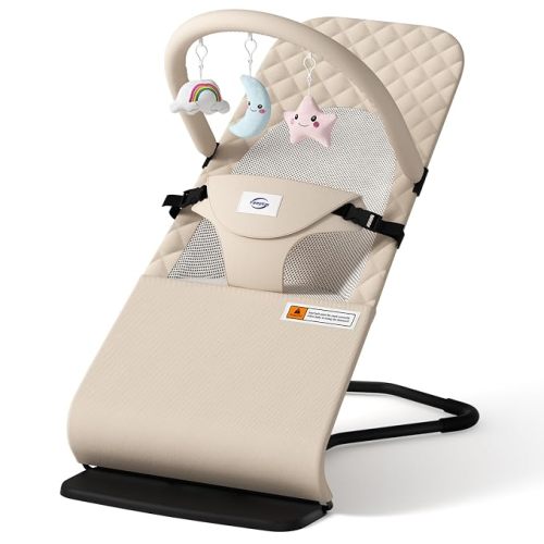 Feeplas Baby Bouncer, Bouncer Seat for Babies 0-12 Months, Ergonomic Rocking Chair with Detachable Hanging Bar, 3-Height Adjustments, Foldable & Portable Infant Rocker, Machine Washable Fabric (Beige)