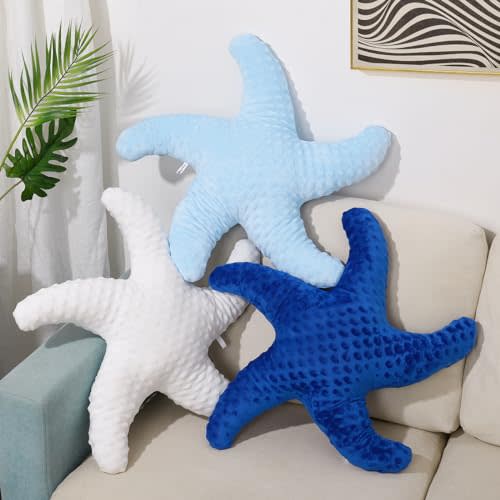 Marble Empire Starfish Pillow 3Pcs White Blue Navy Starfish Shaped Throw Pillow Coastal Decorative Pillows Beach Ocean Nautical Theme Stuffed Plush for Bed Couch