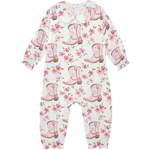 Baby Girl One Piece Footies Coquette Pink Cowgirl Boots Western Flowers Outfit Doll Collar Long Sleeve Romper 9M