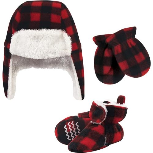 Hudson Baby Girls Trapper Hat, Mitten and Bootie Set Cold Weather Hat, Black Red Plaid, 0-6 Months US