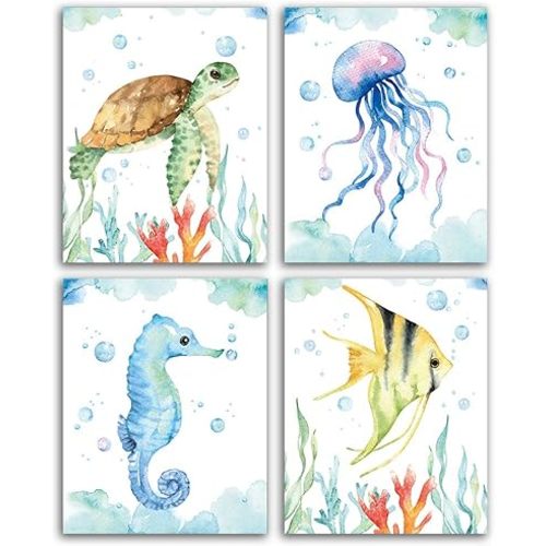 CHIEN-CHI LILI Texture of Dreams Watercolor Sea marine life Art Print Set of 4 (8”X10”), Sea Turtle Seahorse fish Wall Poster, Blue Ocean Theme Baby Nursery Kids Room Wall Decor, No Frame