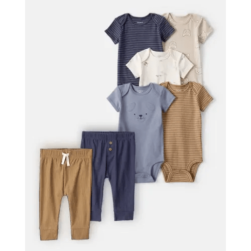 Baby Boy 7-Piece Short-Sleeve Bodysuits & Pants Set - Blue/Brown | Carter's