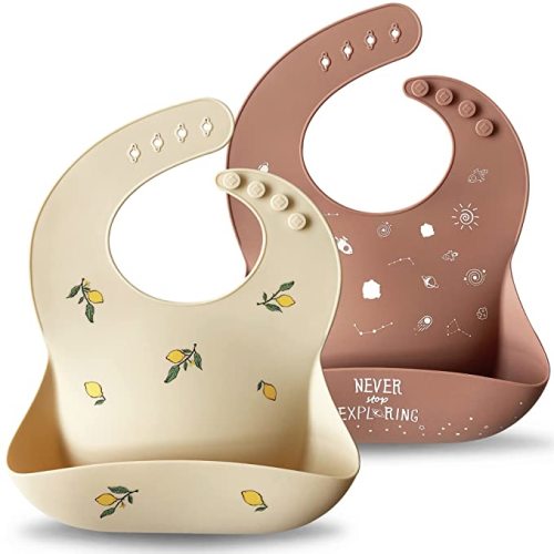 Moonkie Silicone Baby Bibs Set of 2, BPA Free Waterproof Baby Bibs for Eating, Soft Adjustable Silicone Bibs for Babies 6-12 Months, Toddler Bibs with Pocket Food Catcher (Shifting Sand/Burlwood)
