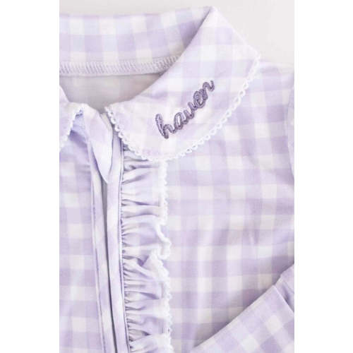 Peter Pan Collar Ruffle Zipper Footie | Lilac Gingham