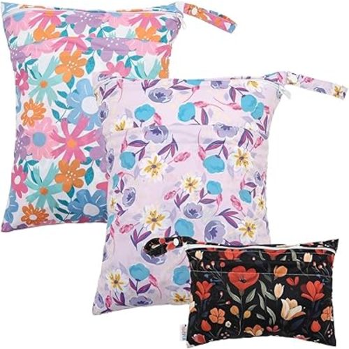 ALVABABY 3 Cloth Diaper Wet Dry Bags Waterproof Reusable with Two Zippered Pockets Travel Beach Pool Daycare Soiled Baby Items Yoga Gym Bag for Swimsuits or Wet Clothes Small medium Large 3L-SML07