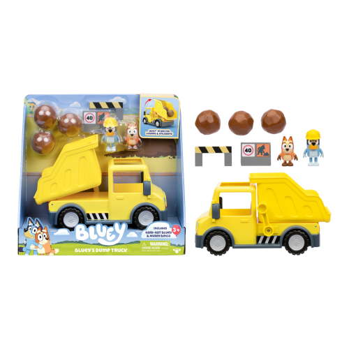 Free Shipping! Bluey Dump Truck Play Vehicle with Exclusive Hard-Hat Bluey and Muddy Bingo, Toys for Kids 3 to 6 Years