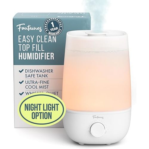 Fontaines Luxury Top-Fill Cool Mist Humidifier - 360° Ultra-Fine Spray, Whisper-Quiet Operation, Dishwasher-Safe Tank, Nightlight & Auto Shut-Off, Easy to Clean for Home, Bedroom, Baby Nursery
