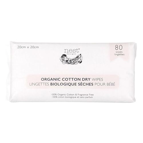 Nest Designs Organic Cotton Dry Baby Wipes for Sensitive Skin, Chemical-Free, 80 Wipes per Pack
