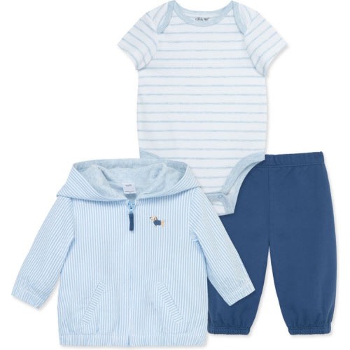 Baby Puppy Stripe Cotton Zip-Up Jacket, Bodysuit & Pants Set, Blue