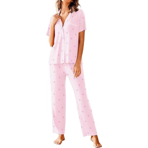 Avidlove Women Pajamas Set Notch Collar Soft Sleepwear Pjs Short Sleeve Button Down Nightwear with Long Pants
