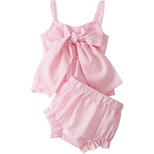 LYSINK Newborn Baby Girl Clothes Stripe Sleeveless Bowknot Tank Top Shorts Set Summer Outfits Cute Baby Clothes Girl 0-18M