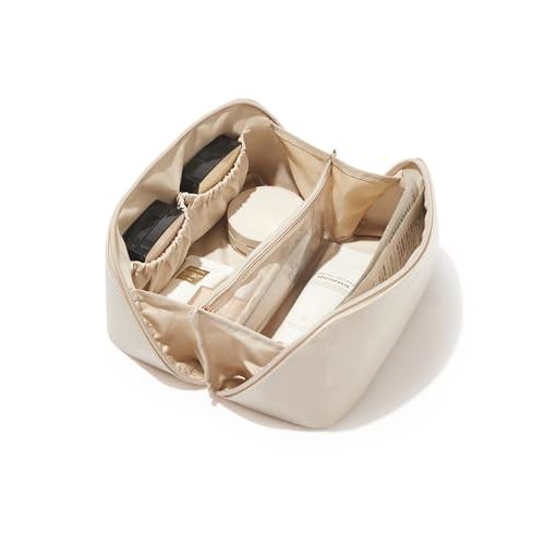EACHY Travel Makeup Bag for Women, PU Leather Cosmetic Bag, White, Medium | Water-resistant PU leather exterior with flat-open access, clear TPU brush compartment and organized storage for cosmetics