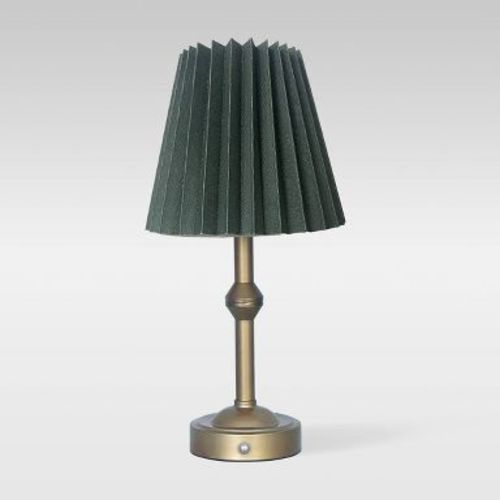 Armoire Cottage Collection Brass Portable Cordless Table Lamp (Includes LED Light Bulb) with Green Vine Pleated Shade
