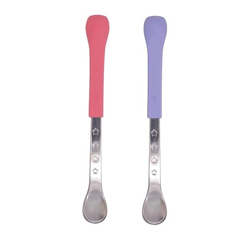 Nuby 2-in-1 Hot Safe Feeding Spoons - (2-Pack) Spoons for Babies 6+ Months - Pink and Purple