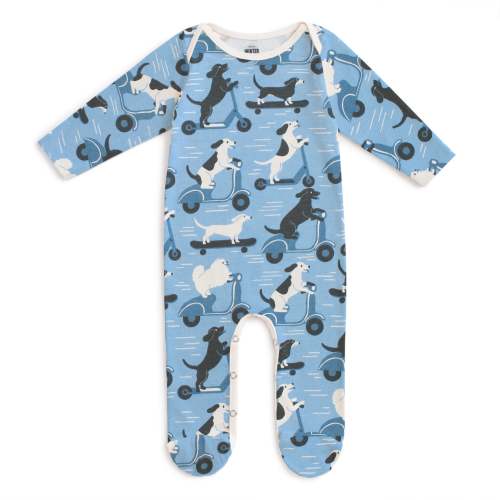 Footed Romper - Dogs on Scooters Blue