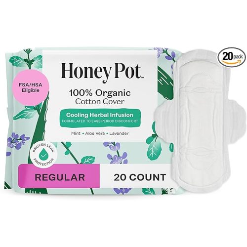 The Honey Pot Company - Herbal Sanitary Pads for Women - Regular Flow w/Wings - Infused w/Essential Oils for Cooling Effect & Organic Cotton Cover - Feminine Care - 20 ct