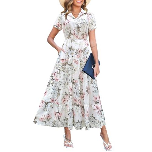 Kranda Women 2026 Summer Collared V Neck Short Sleeve Button Down Chiffon Long Tiered Floral Maxi Dress with Pockets
