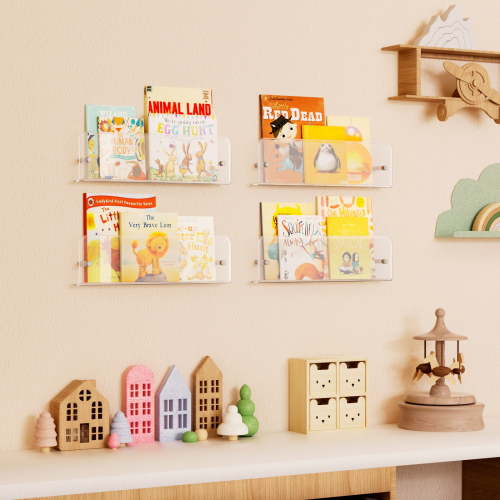 Lifewit Nursery Bookshelf 6 Pack, 15" Floating Shelves for Wall Mounted, Clear Acrylic Kids Magazine/Picture Hanging Racks for Baby/Toddler/Children in Bedroom, Living Room Decor